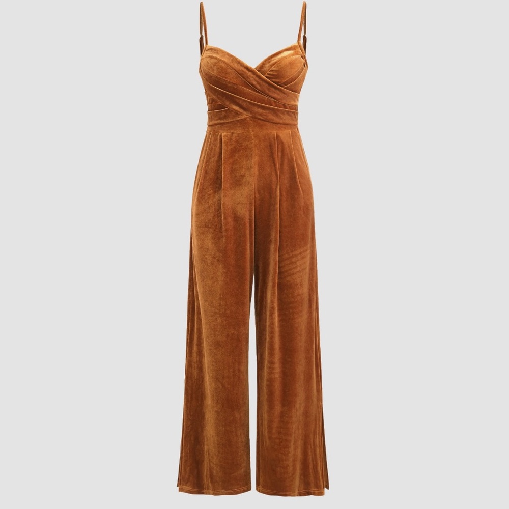 CIDER Brand Velvet Solid Cross Wide Leg Jumpsuit